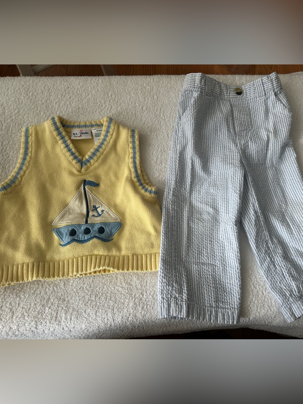 OshKosh B'gosh Yellow Knit Sailboat Sweater Vest with Blue Trim and pants